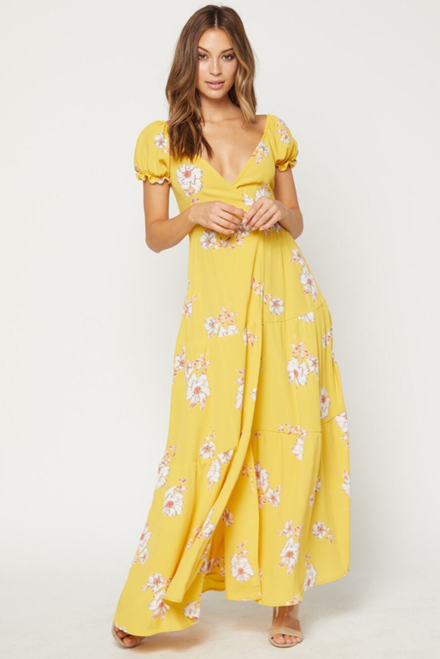 NWT Flynn Skye Annabelle Floral Wrap Maxi Dress Women's Yellow Size XS